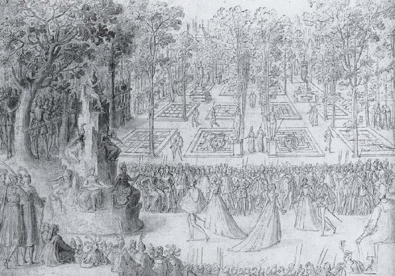 Antoine Caron Court ball following the Ballet of the Provinces of France with a view to gthe gardens of the Tuileries